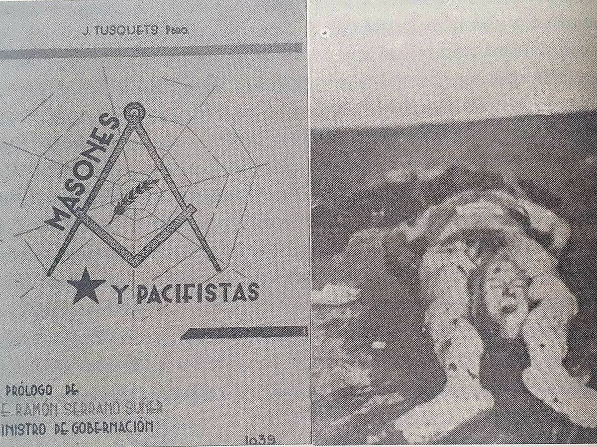 Foto: Portada de 'Masones y pacifistas, del padre Juan Tusquets Terrats, y una de las espeluznantes imágenes del libro (Debate)