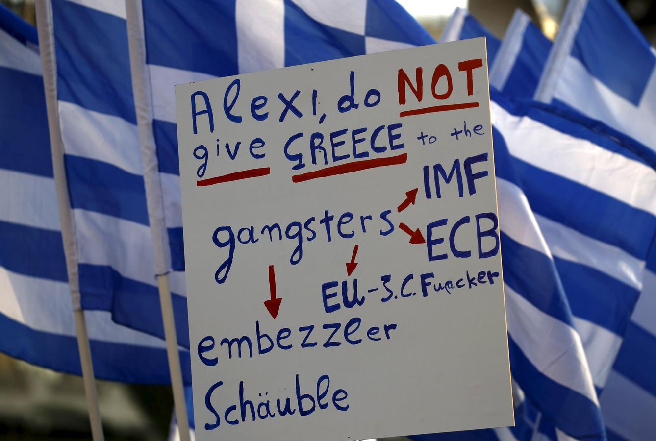 Una pancarta durante la manifestación a favor de Syriza (Reuters).