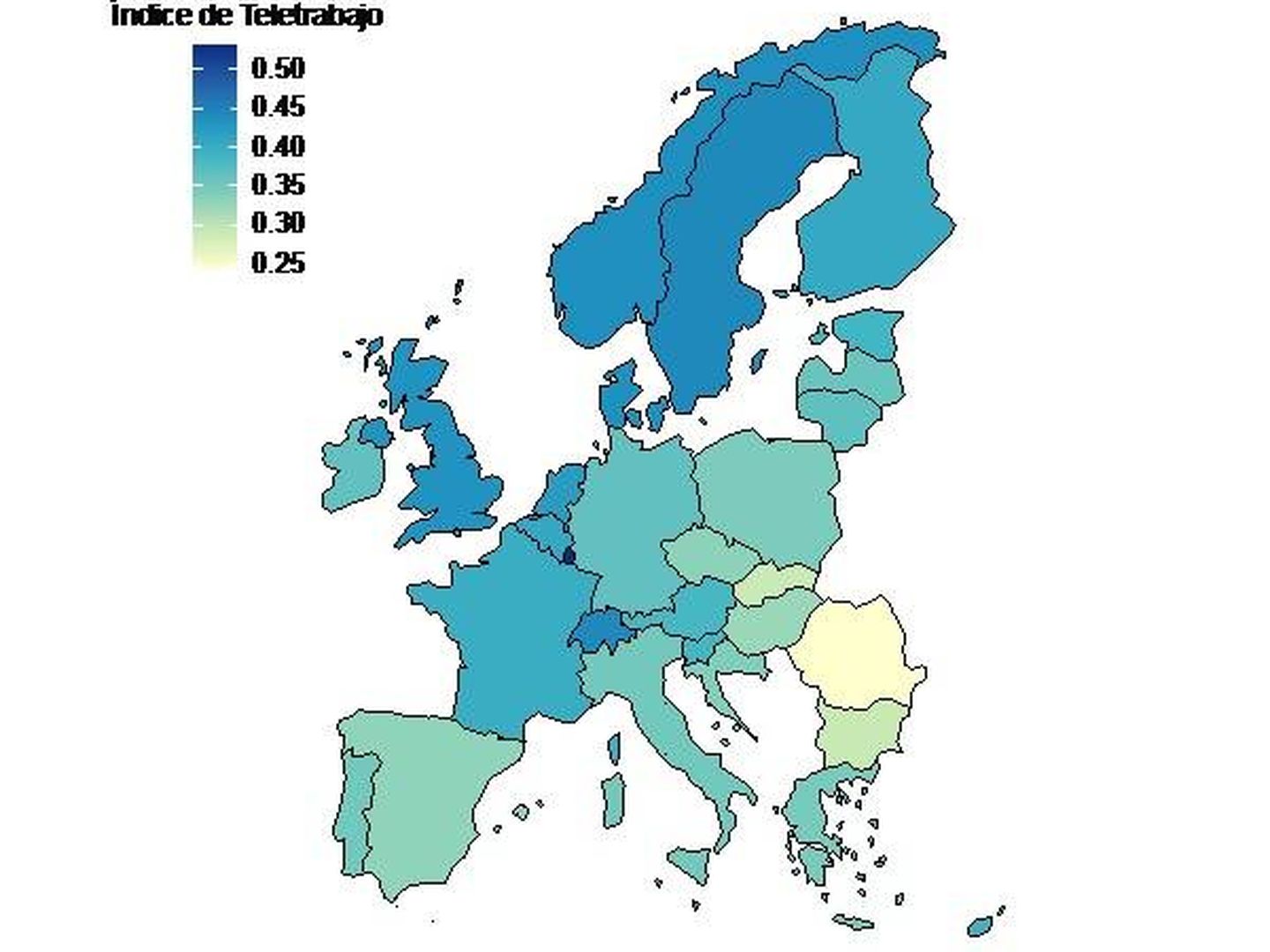 Índice de teletrabajo por países en Europa.