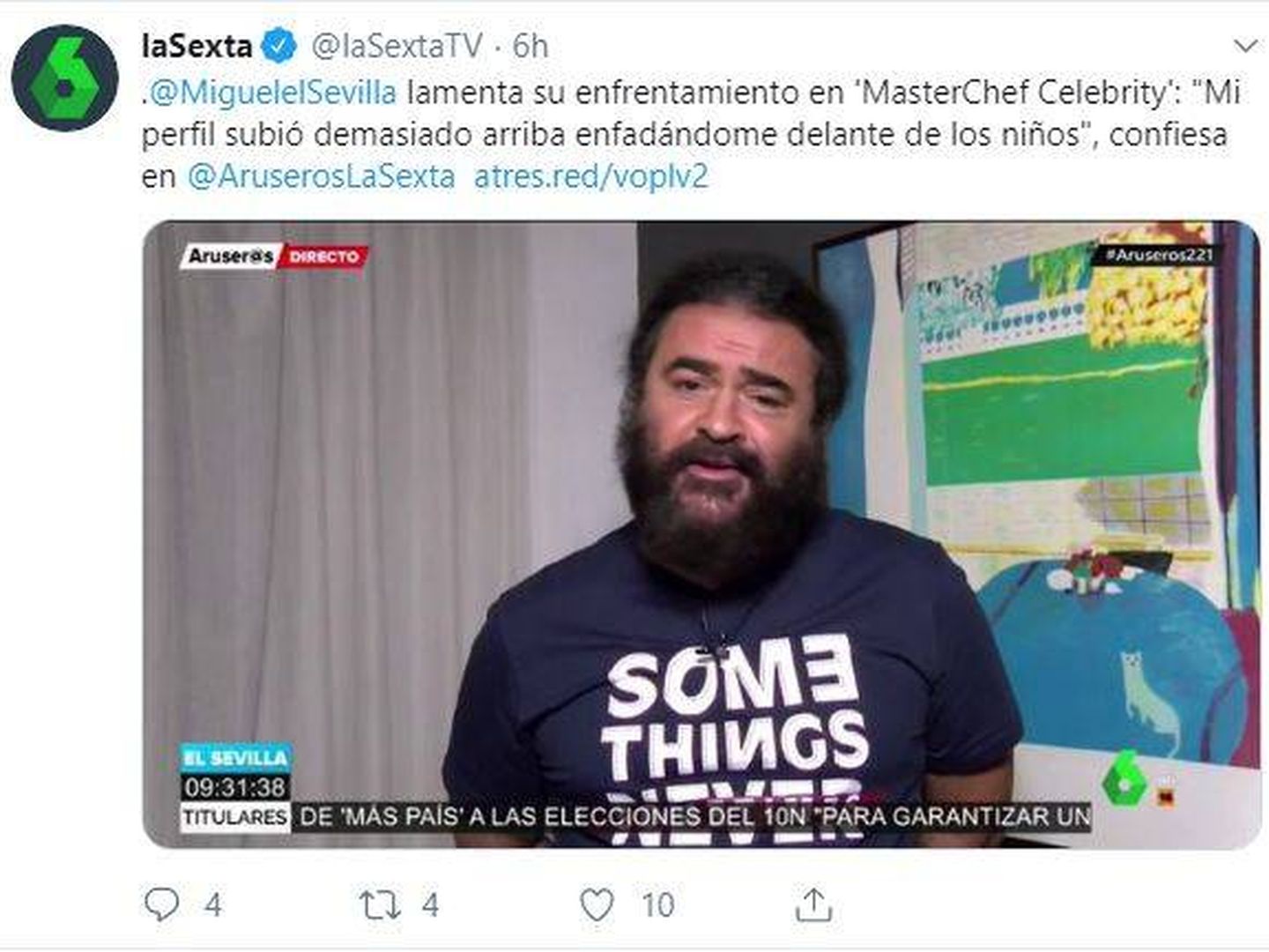 El Sevilla reflexiona y se arrepiente por su actitud en el programa Aruseros. (@lasextaTV)
