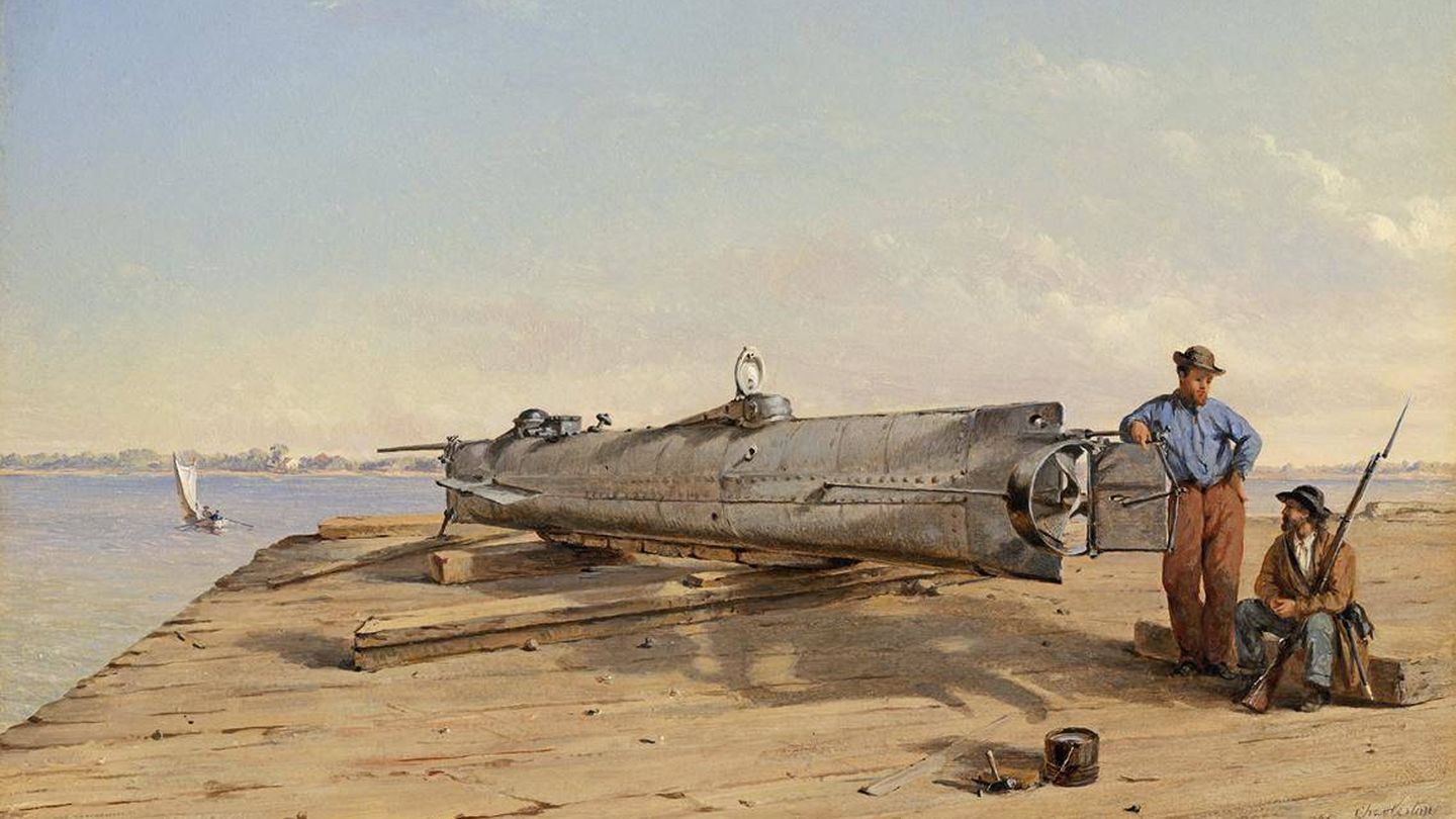 Cuadro de Conrad Wise Chapman, mostrando el submarino H.L. Hunley, inaugurado en 1863. Fue el primero de la historia en hundir un buque enemigo. (Wikimedia Commons)