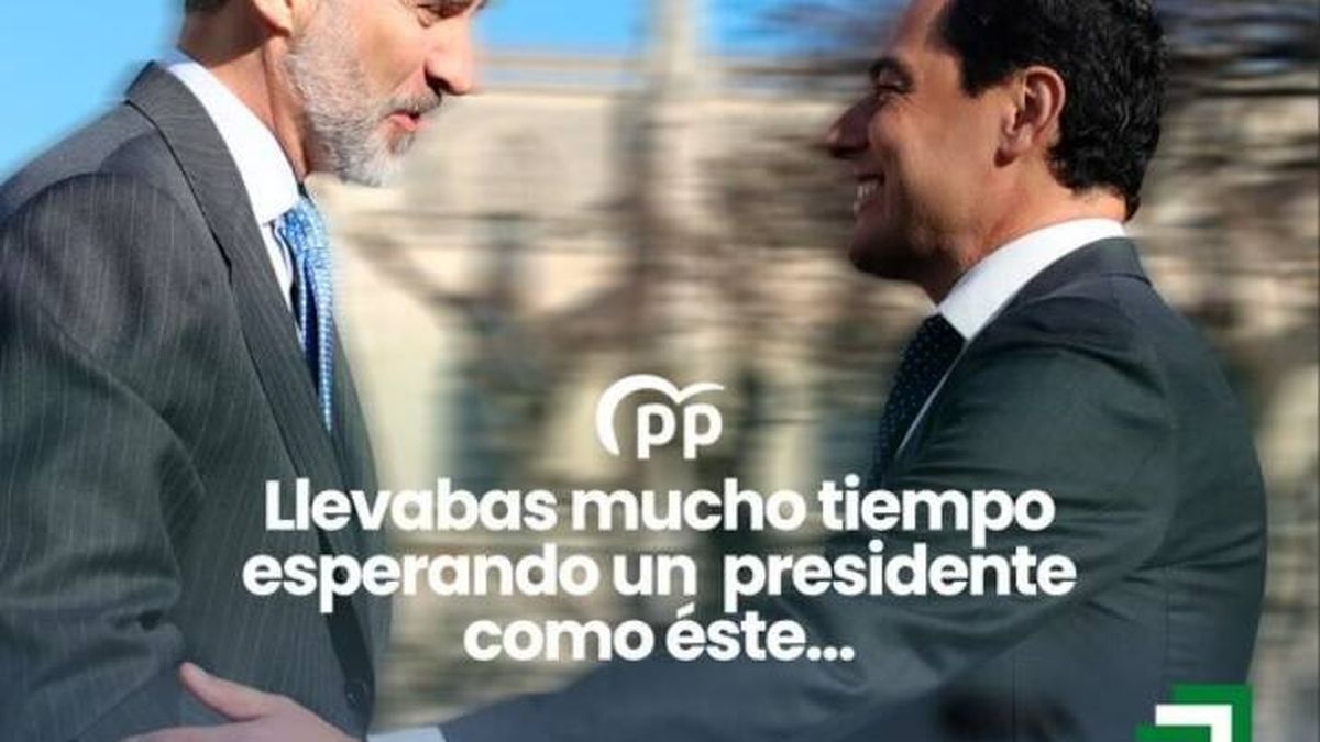 El PP andaluz desafía la ley electoral y vuelve a sacar un cartel de Moreno con el Rey