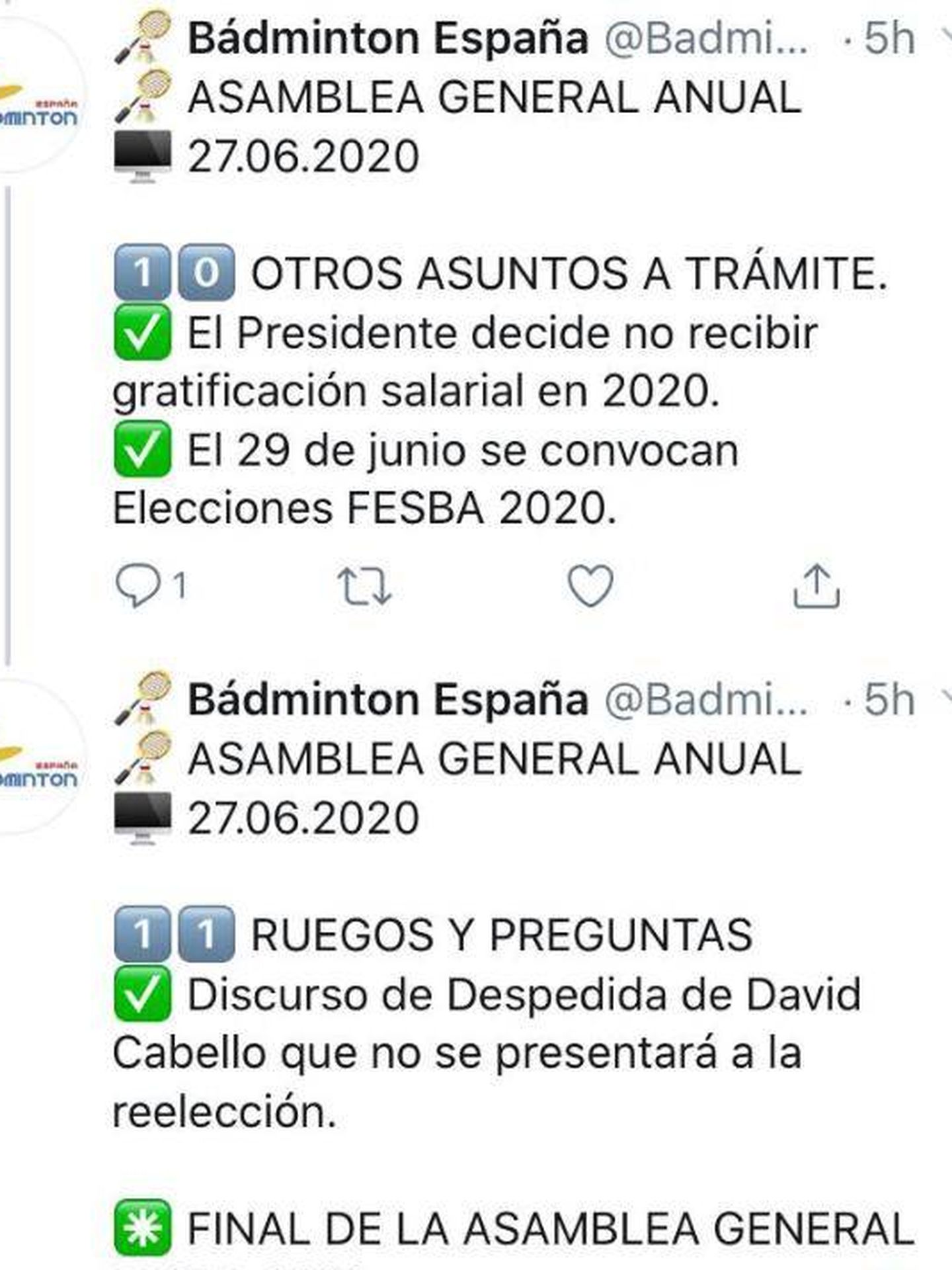 Twitter de la Federación Española de Bádminton. (Fesba)