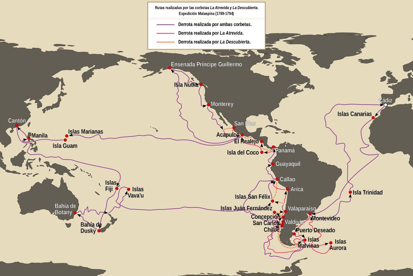 Rutas realizadas por las corbetas La Atrevida y La Descubierta en la expedición Malaspina entre 1789 y1794. (Iván Hernández Cazorla, Wikimedia Commons - Licencia CC-BY-SA 4.0)