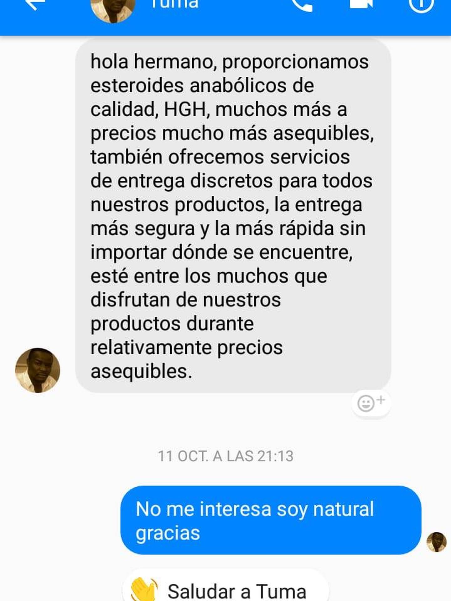 Un mensaje de Facebook ofreciendo esteorides a un culturista de la AECN.