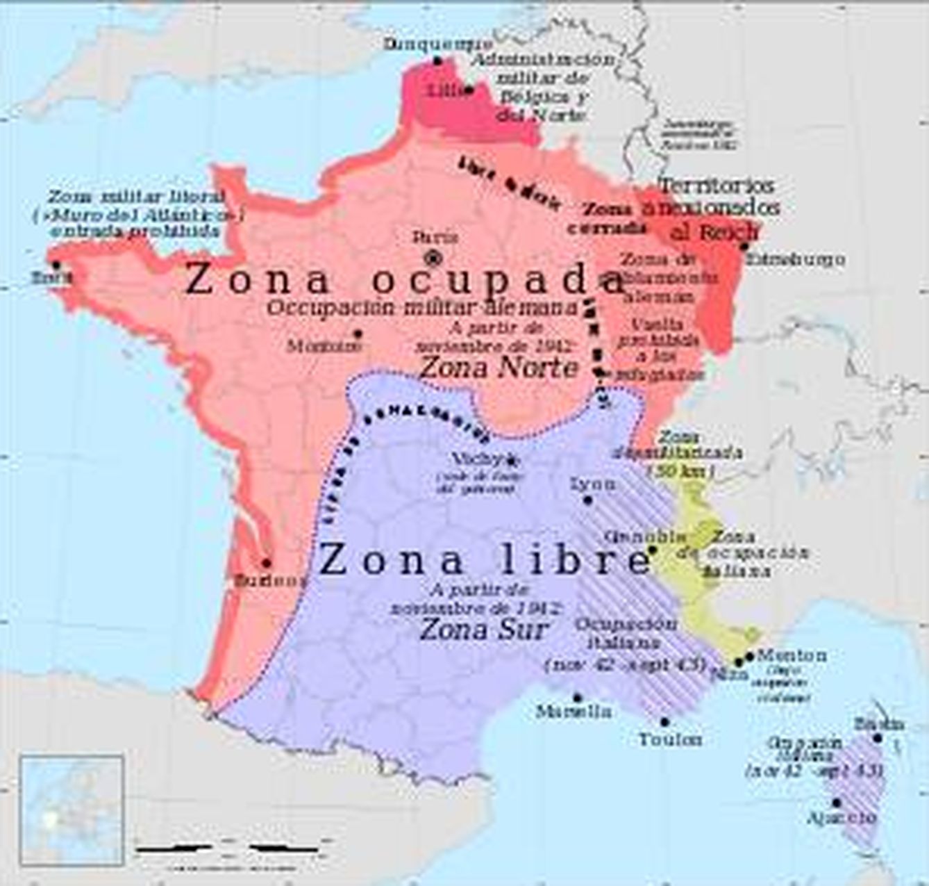 Mapa de la Francia dividida. (Wikipedia)
