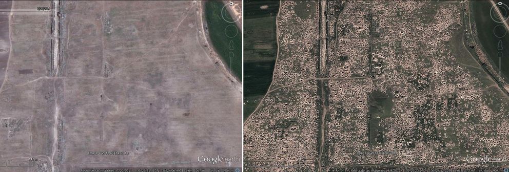 Imágenes de satélite de Google Earth que muestran las excavaciones ilegales en Apamea (APSA).