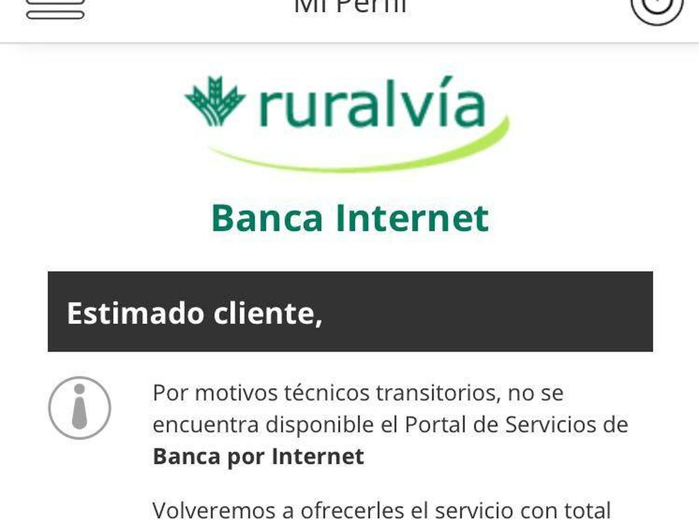 Mensaje de error en la 'app' de Ruralvía.