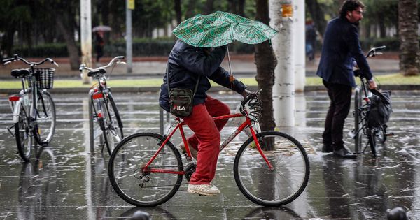 Foto: Una persona circula en bicicleta mientras intenta resguardarse de la lluvia con un paraguas en Sevilla. (EFE)