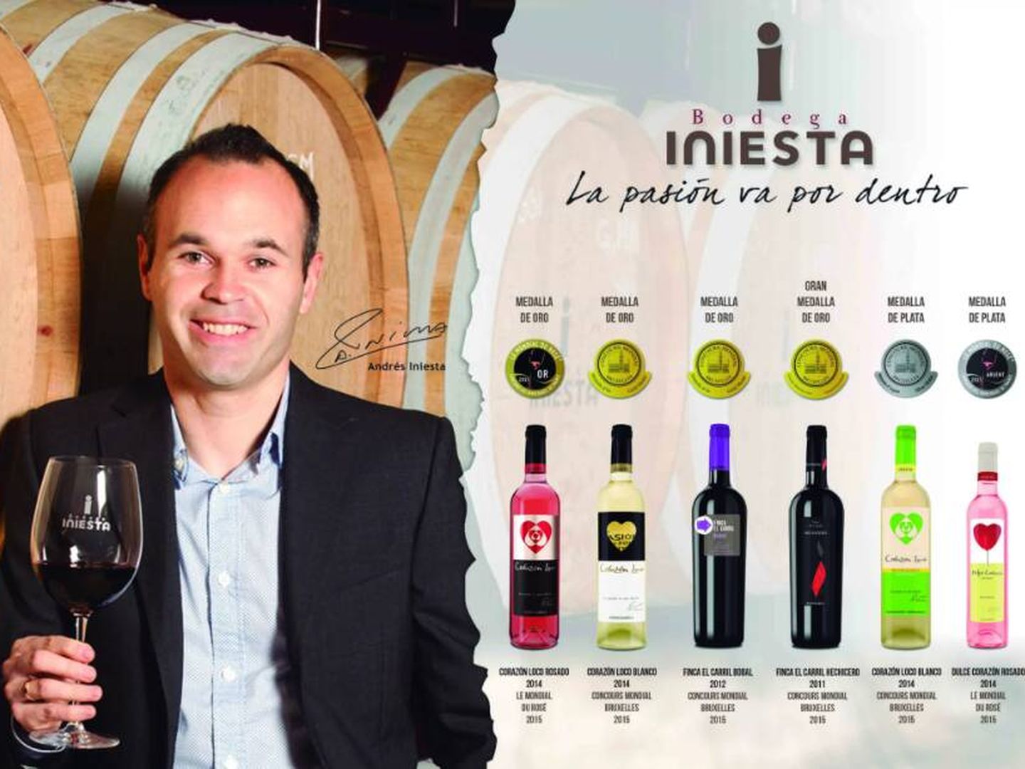 Andrés Iniesta, con vinos de su bodega. 