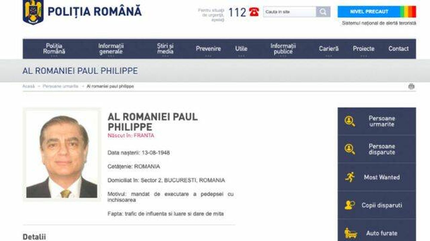 La orden de detención de Paul en la web de la policía rumana. 