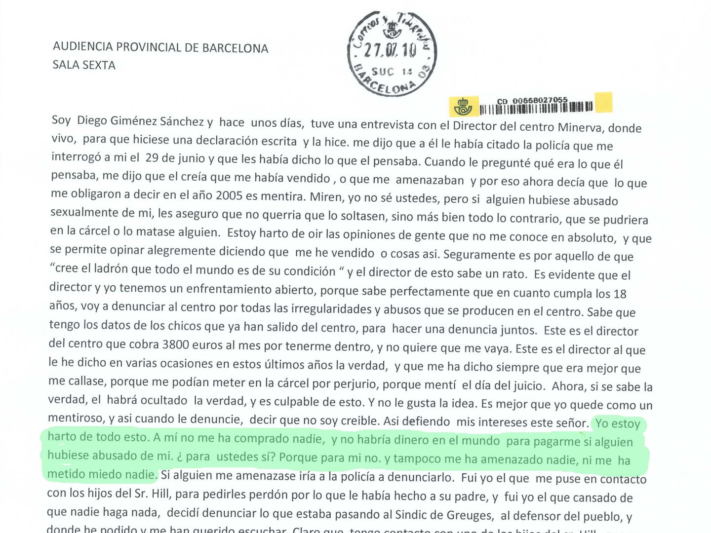 Extracto de la carta que Giménez remitió a la Audiencia Provincial el 27 de julio de 2010