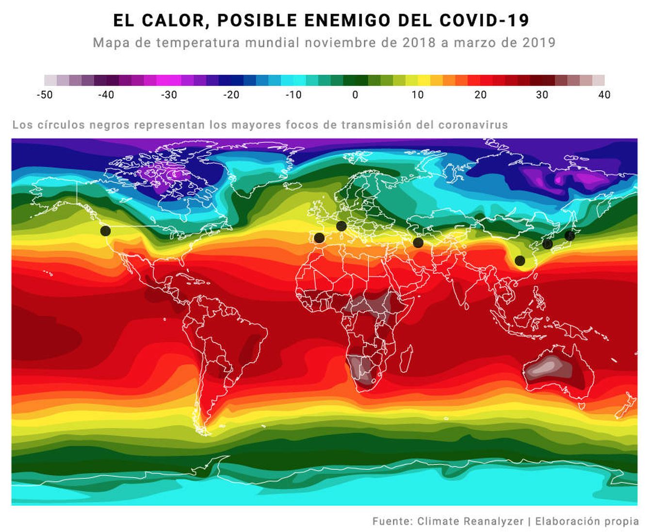 Mapa extraído de la investigación del Instituto de Virología Humana de la Universidad de Maryland que prueba que el coronavirus sobrevive mejor en una cierta temperatura, humedad relativa y latitud.