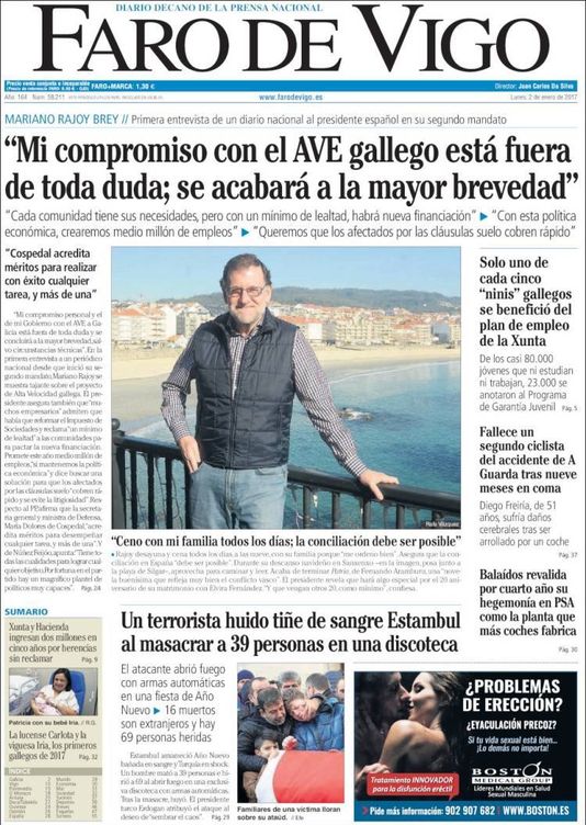 Portada del diario 'Faro de Vigo' con una entrevista a Rajoy. (EC)