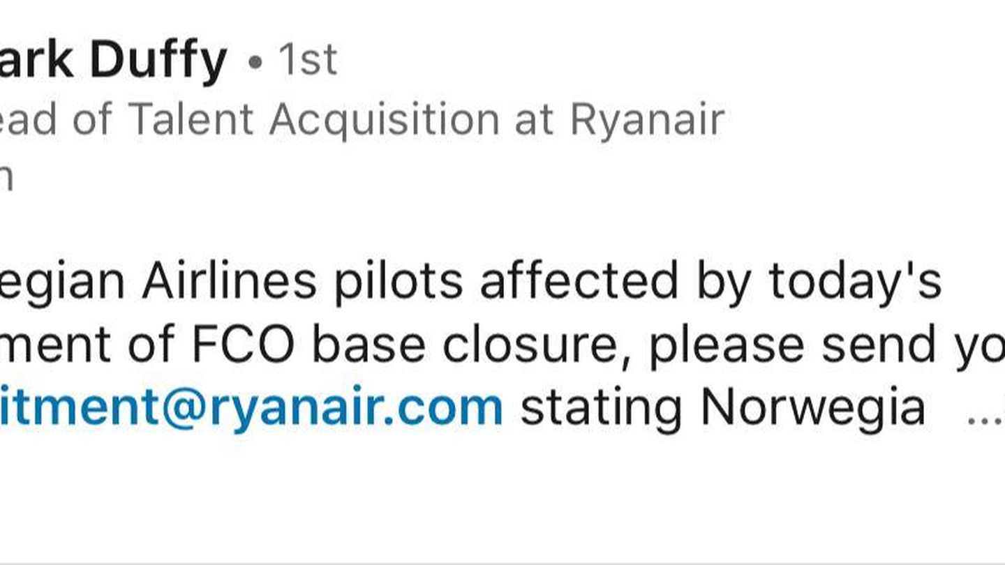 Así es la oferta de empleo que Ryanair ha publicado en redes sociales.