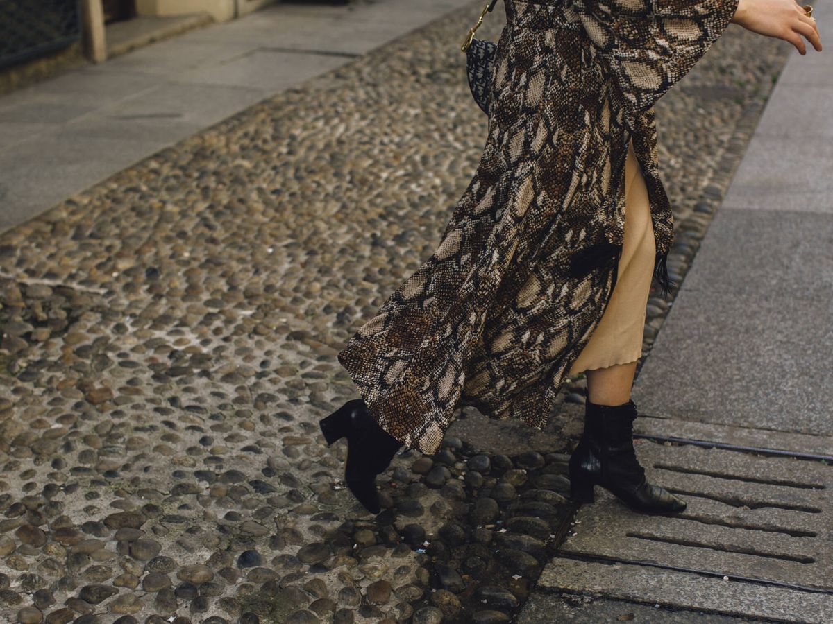 Foto: Un abrigo con estampado de serpiente sobre el asfalto. (Imaxtree)