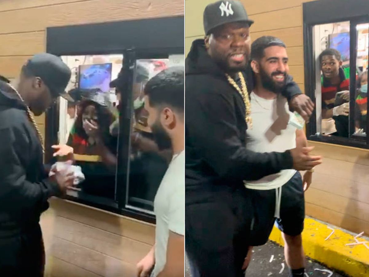 Foto: 50 Cent y Jay Mazini, regalando dinero a los trabajadores del Burger King (Foto: Instagram)