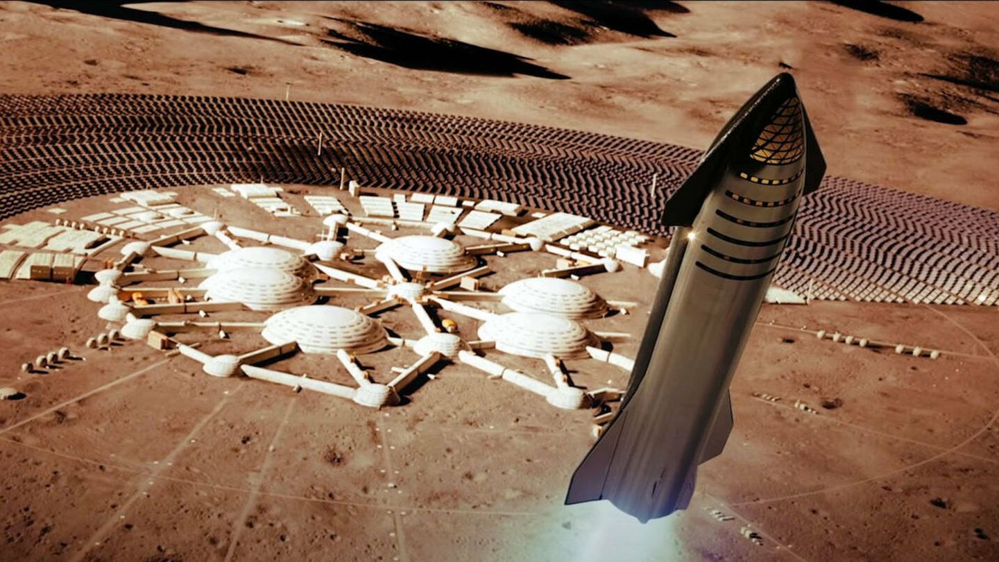 Un Starship, aterrizando en una colonia marciana. (Venture City - YouTube)