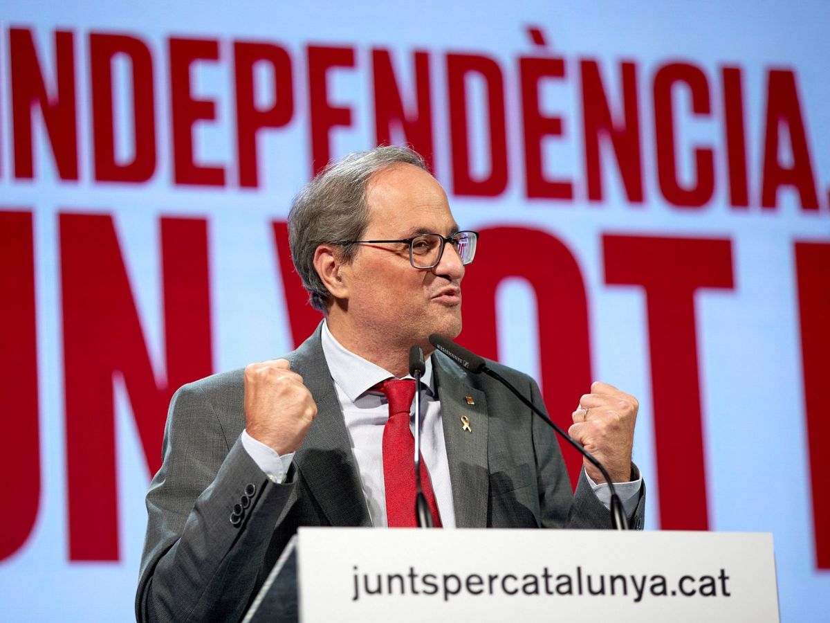 Foto: El presidente de la Generalitat, Quim Torra, durante un acto electoral de JxCAT. (EFE)