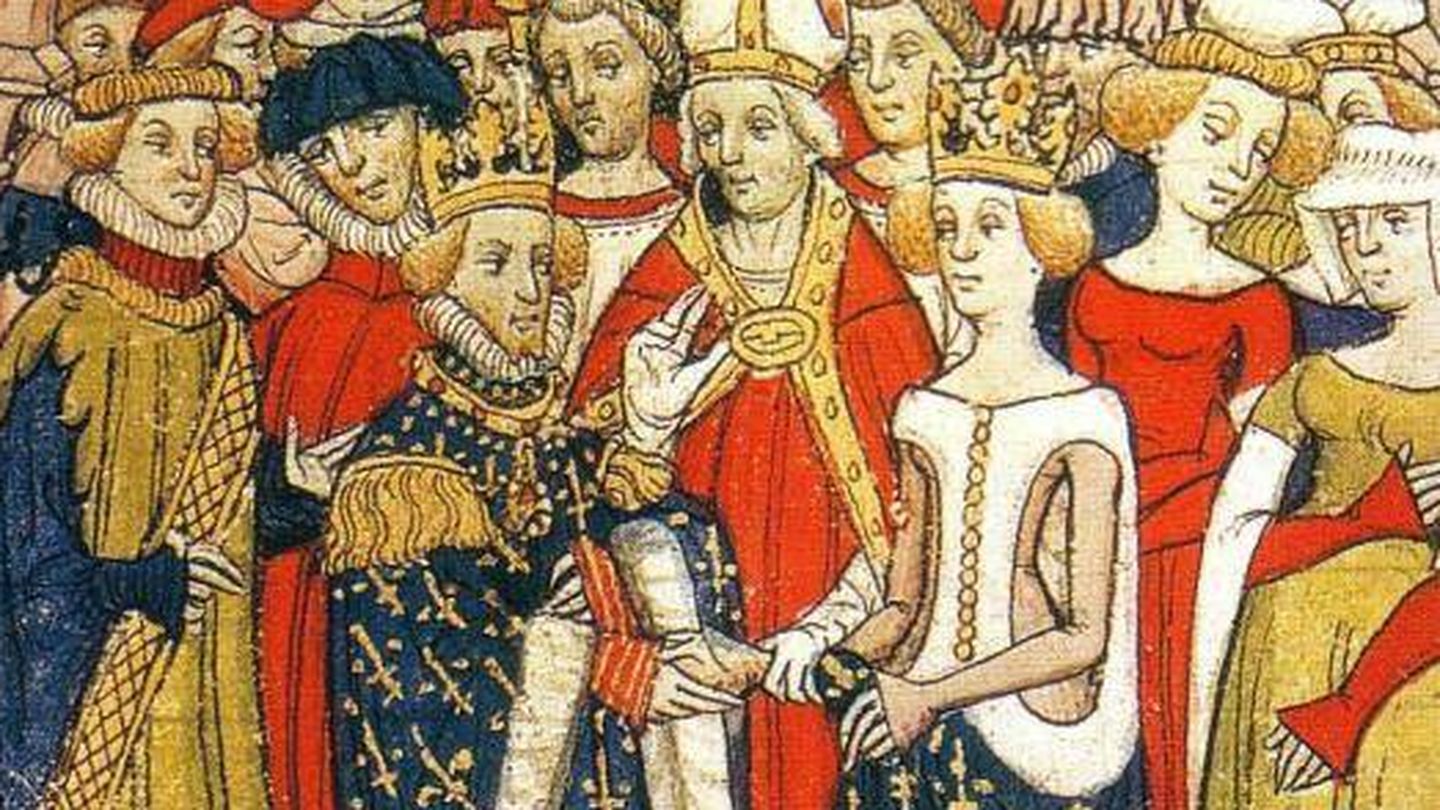 Ilustración del matrimonio de María de Brabante con el rey francés Felipe III de Francia, del manuscrito 'Chroniques de France ou de St. Denis'. Fuente: Wikimedia