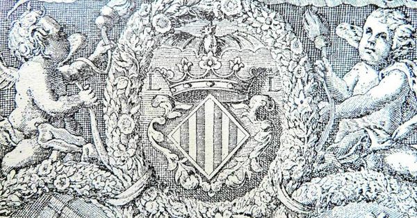 Foto: Grabado del escudo de Valencia difundido por Las Provincias, con el murciélago, en el libro 'Fàbrica de Murs i Valls', de 1674.