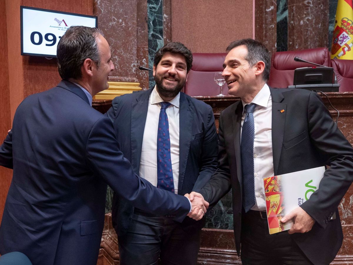 Foto: El portavoz de Vox junto al consejero de Hacienda y Fernando López Miras. (EFE)