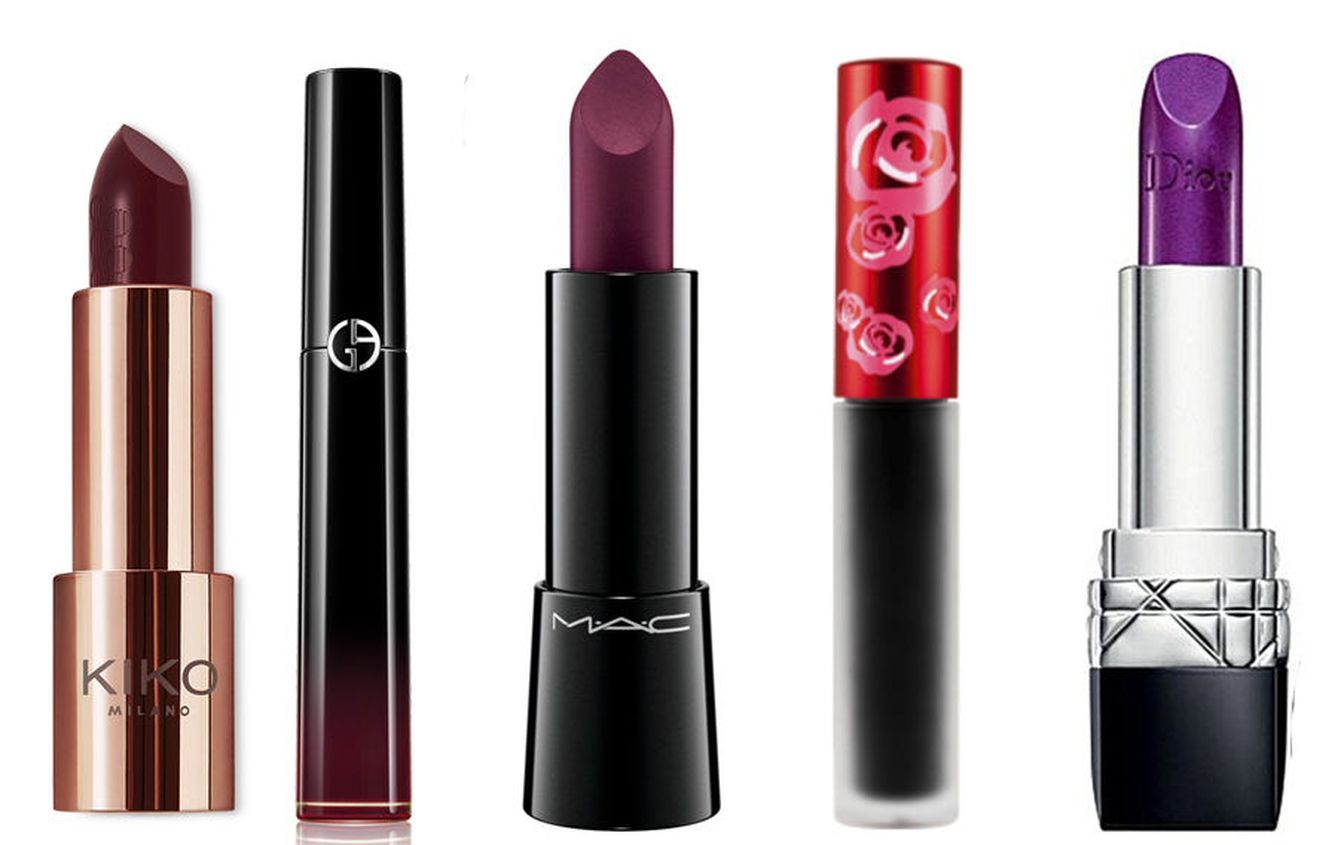 Intensivo Lavish Lipstick, de Kiko Milano; Ecstasy Laquer, de Giorgio Armani; Labradorable, de MAC Cosmetics; Black Velvet, de Lime Crime; Mauve Mystére, de Dior