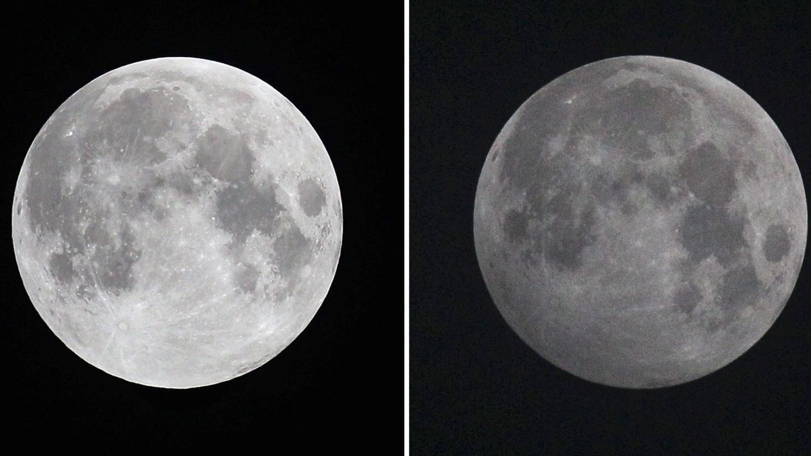 Foto: Imagen de archivo de un eclipse lunar penumbral: a la izquierda, la Luna con su brillo habitual; a la derecha, el satélite oscurecido (EFE)