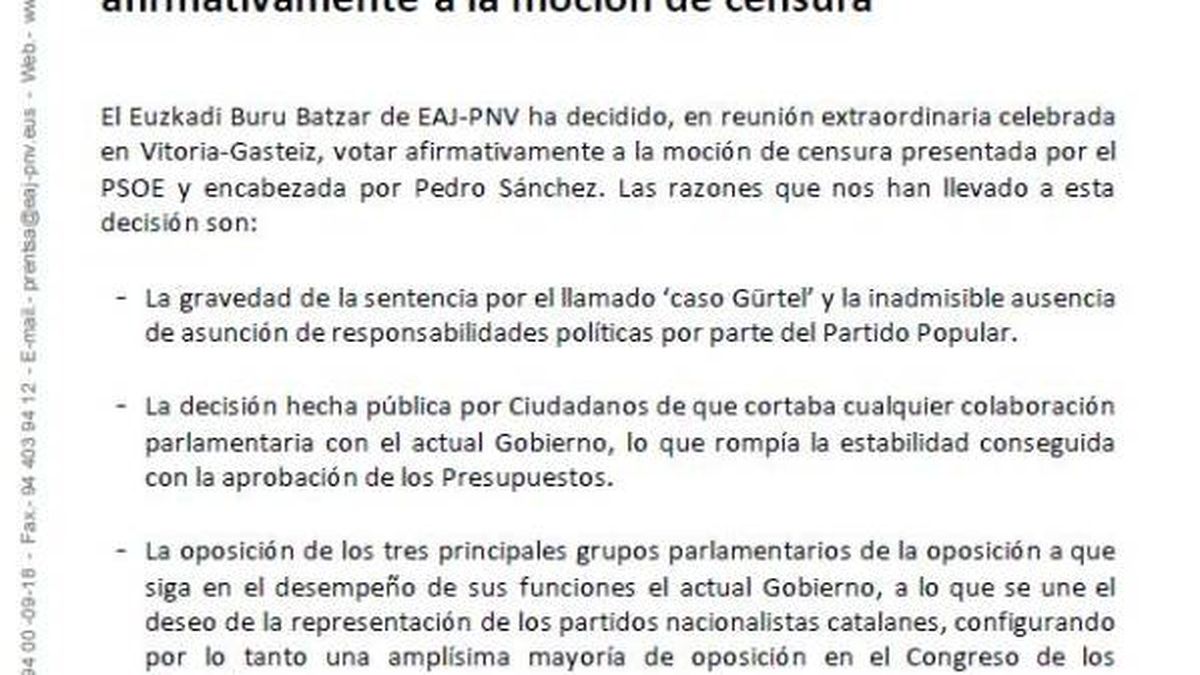 Este es el comunicado en el que el PNV explica su apoyo a la moción de censura 