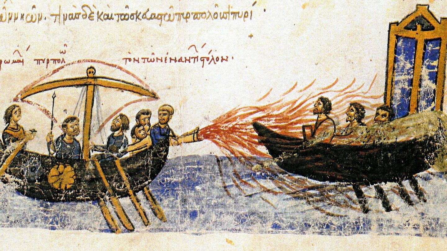 'Fuego griego', ilustración del Skylitzes Matritensis.