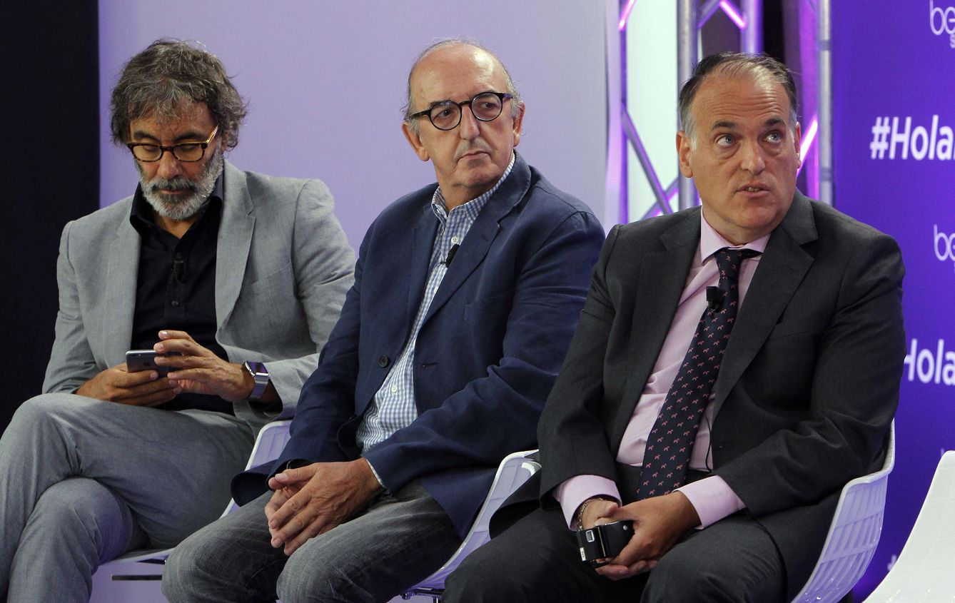 Tatxo Benet, Jaume Roures y Javier Tebas, en la presentación de beIN SPORTS. (Foto: EC)