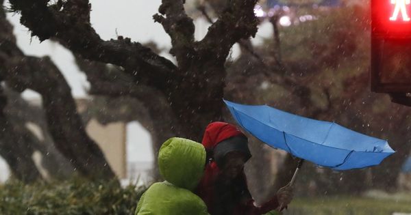 Foto: Unos turistas se protegen con un paraguas e en el paseo de la Concha de San Sebastián. (EFE) 