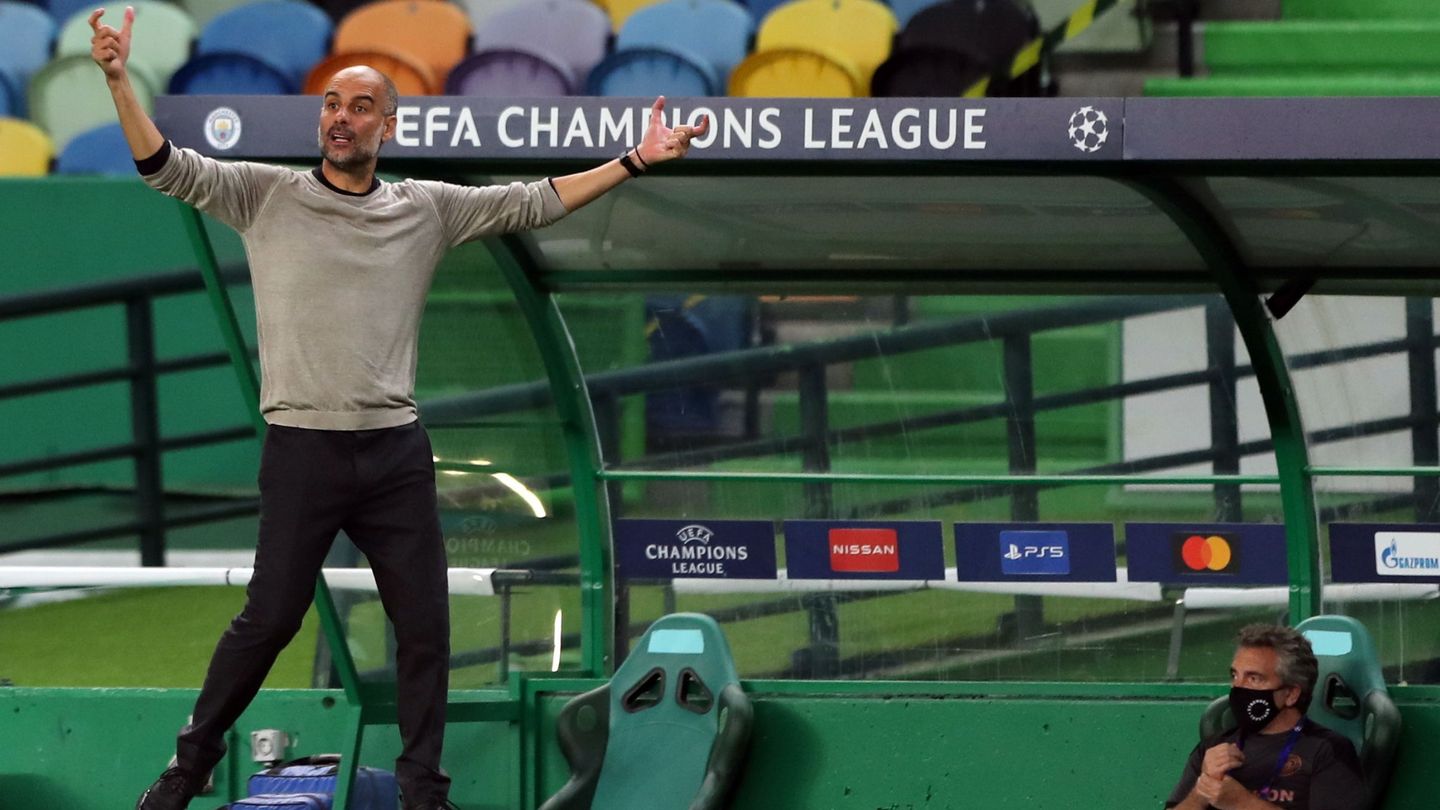 Pep Guardiola, durante los cuartos de final contra el Olympique de Lyon en Lisboa. (EFE)