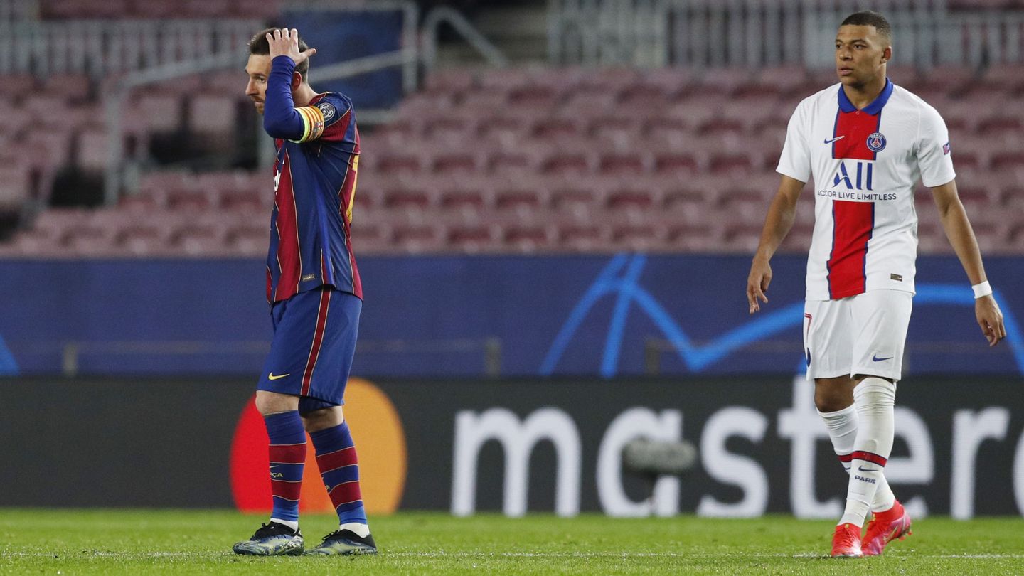 Leo Messi y Kylian Mbappé durante la ida de los octavos de final de Champions League en el Camp Nou. (Reuters)