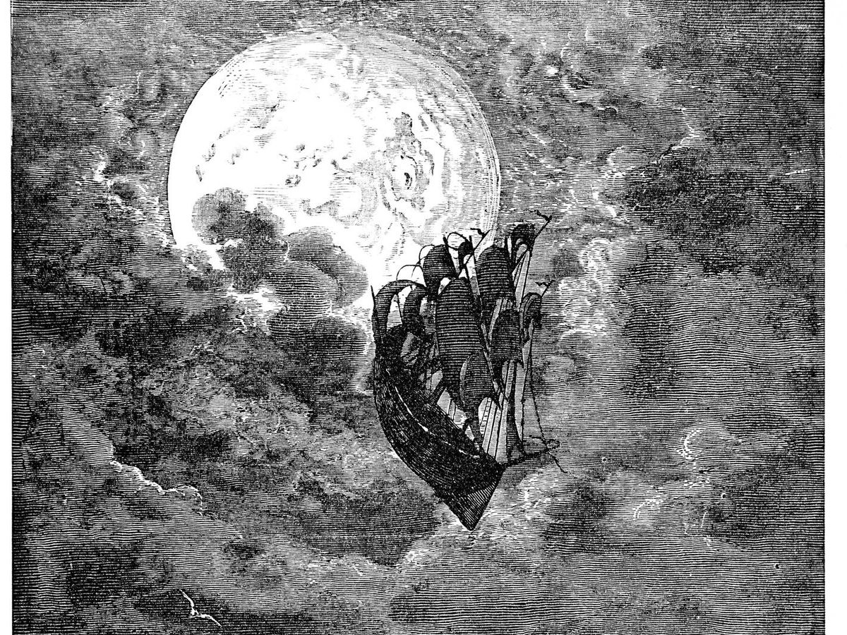 Foto: Las aventuras del barón Münchausen viajando a la luna (por Gustave Doré).