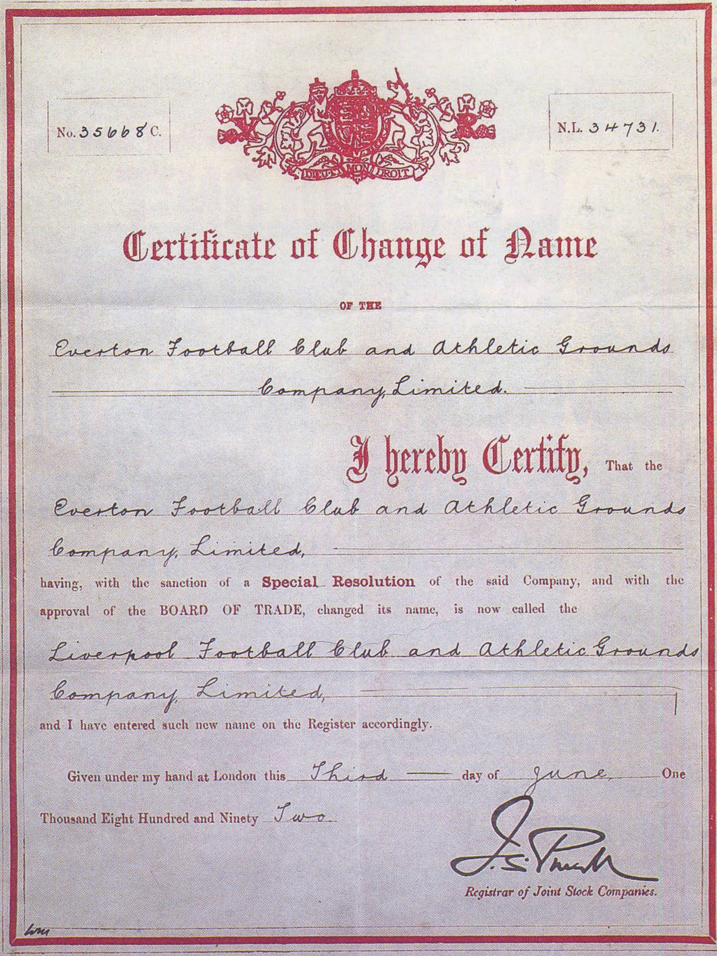 Acta que certifica el cambio de nombre de los 'reds' al actual, Liverpool FC, el 3 de junio de 1892.