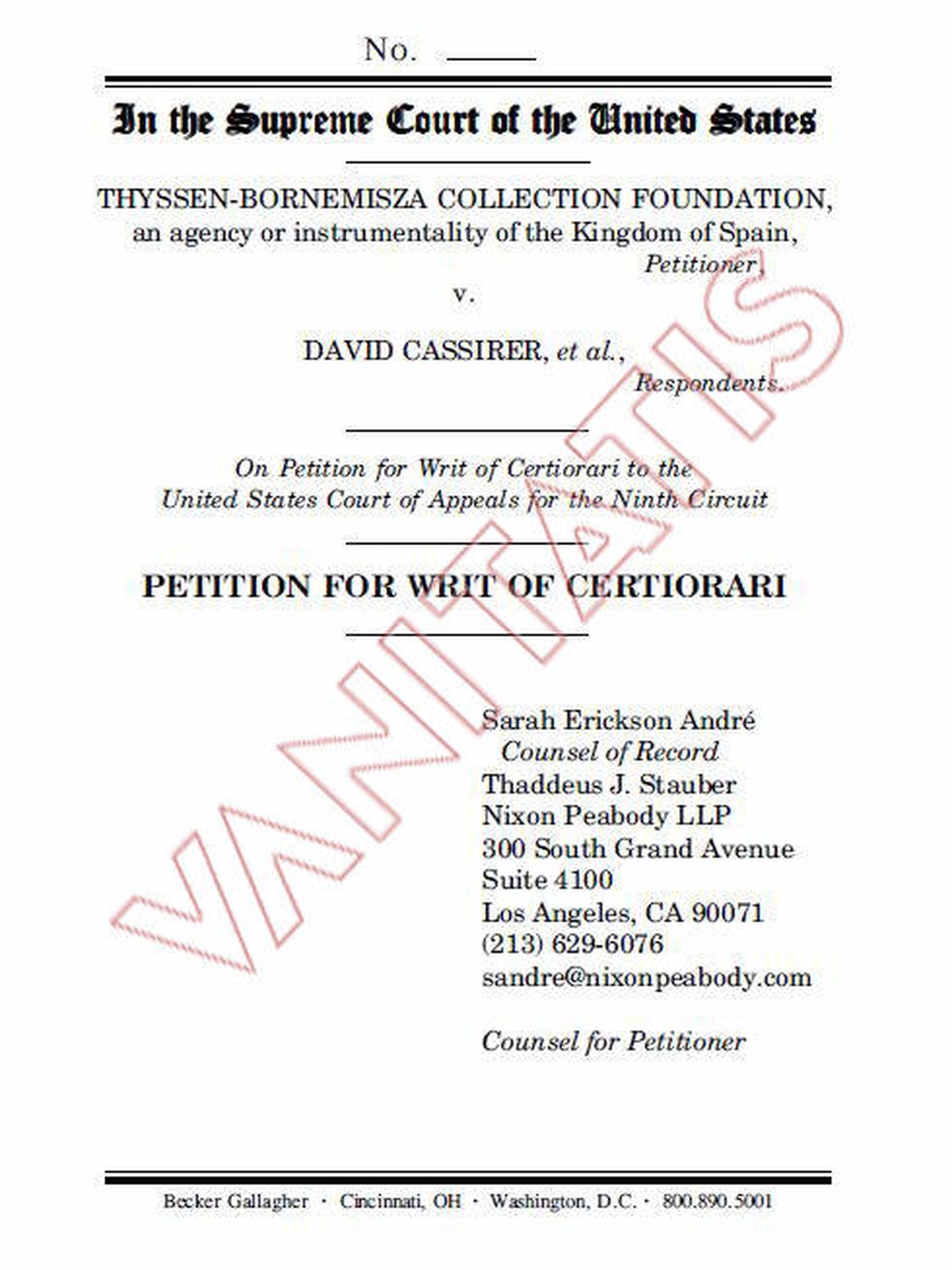 Extracto de la documentación relativa al litigio entre la Fundación Thyssen y la familia Cassirer. 