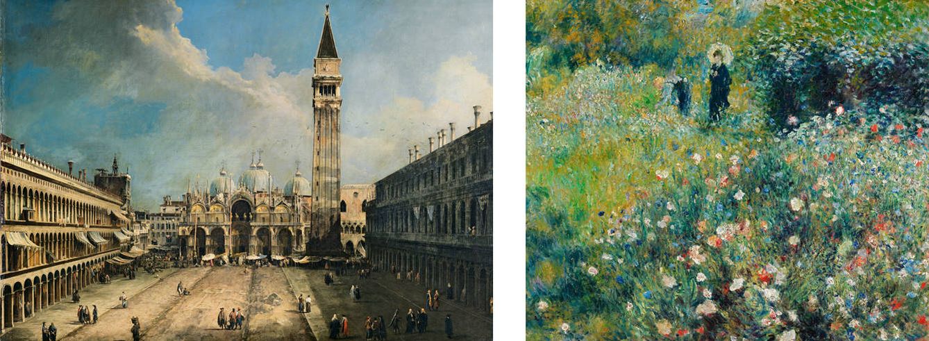 'La Plaza de San Marcos en Venecia' (hacia 1723-1724), de Canaletto, y 'Mujer con sombrilla en un jardín' (1875), de Pierre-Auguste Renoir.