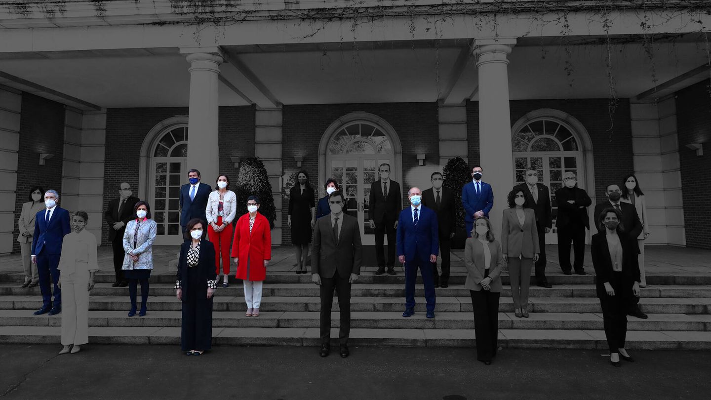 Foto de familia del Consejo de Ministros. En color, los ministros susceptibles de ser sustituidos. (Diseño: Irene de Pablo)