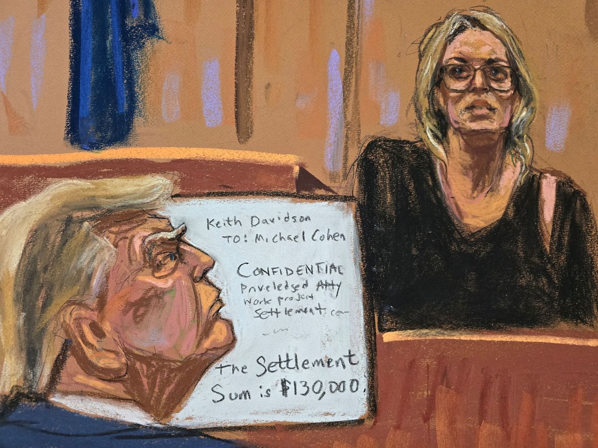 Foto: Dibujo de Stormy Daniels declarando en el juicio contra Trump. (Reuters) 