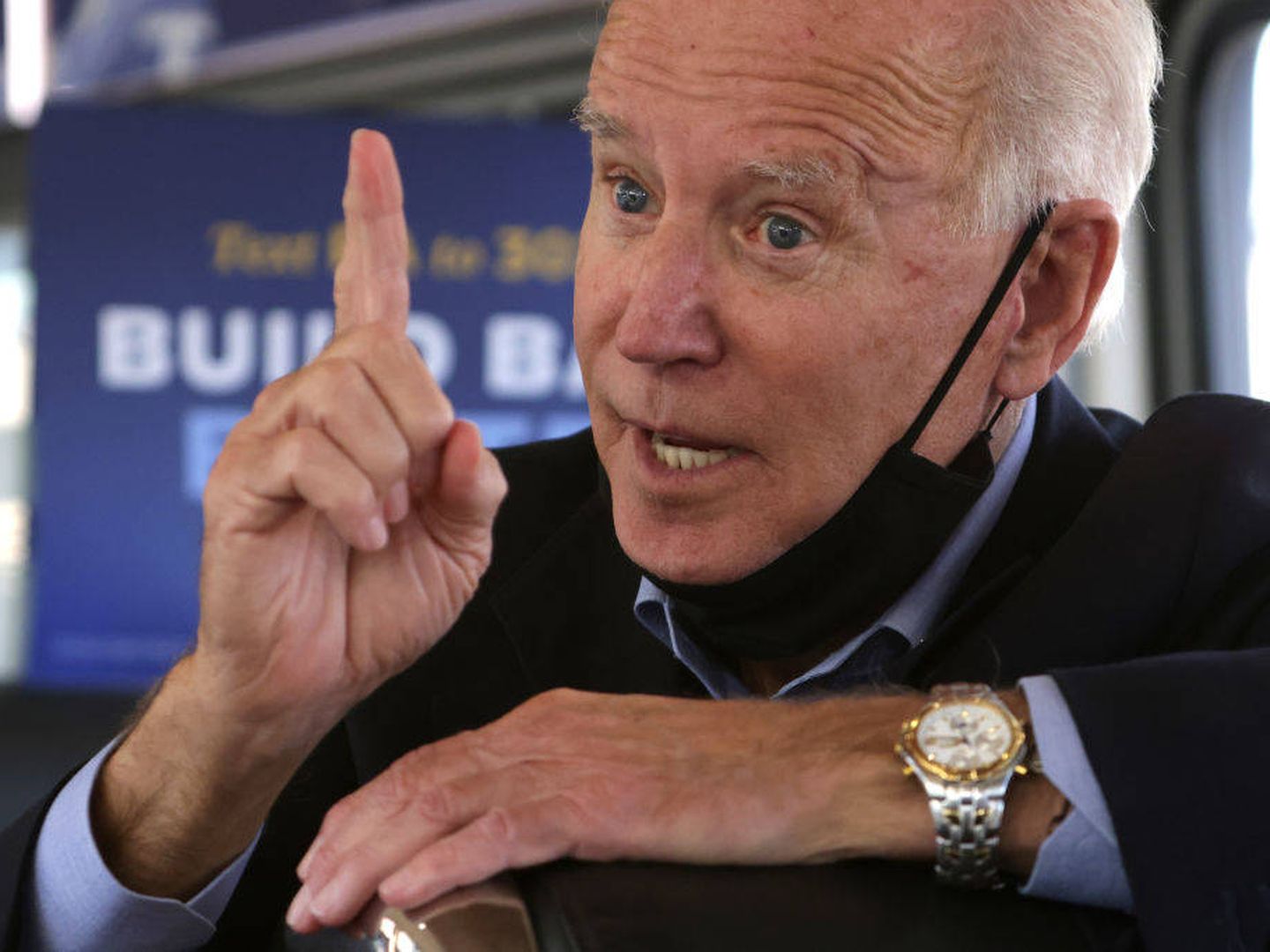 Detalle de las arrugas de frente y contorno de ojos, así como de las manchas de la piel de Joe Biden. (Getty)