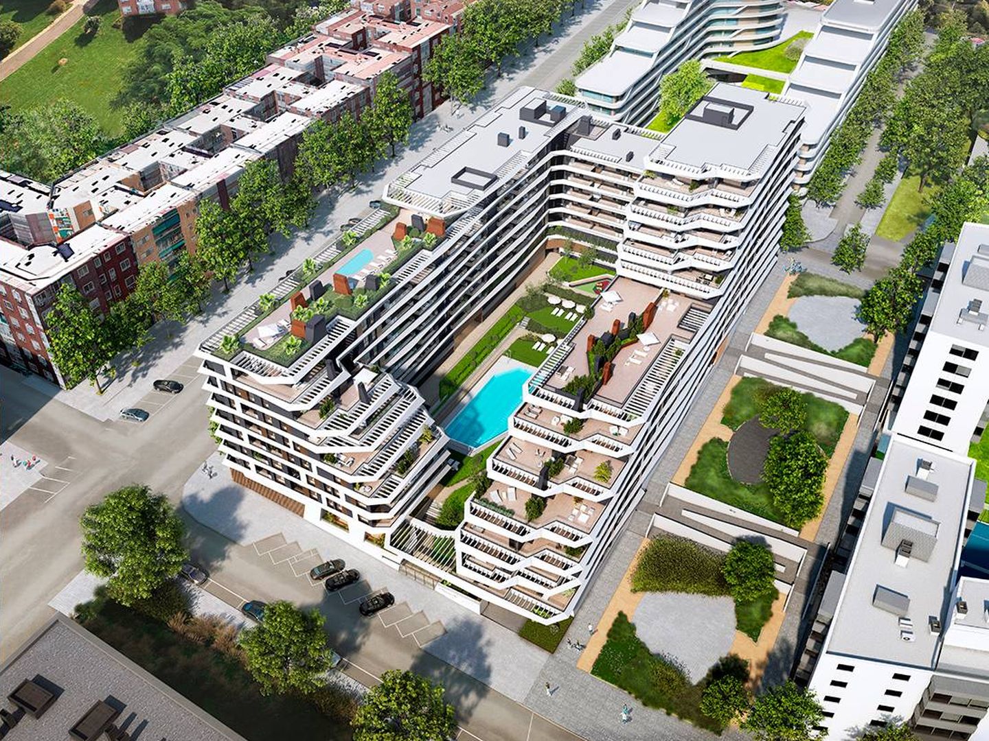 El residencial Stellae sigue un modelo aterrazado, que permite que las 224 viviendas dispongan de grandes terrazas. (Grupo Ibosa)