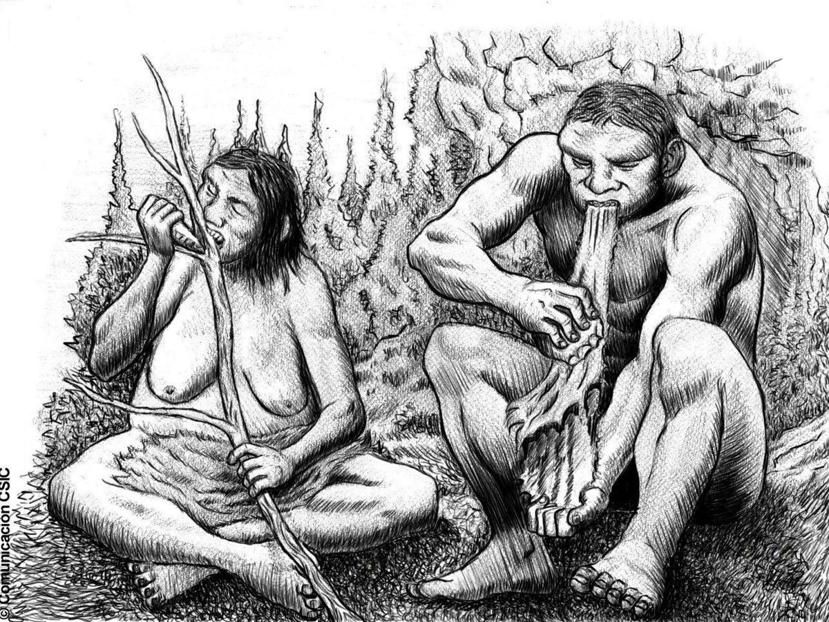 Foto: Imagen facilitada por el CSIC de la recreación de dos individuos neandertales ayudándose de la boca para realizar tareas cotidianas. EFE 