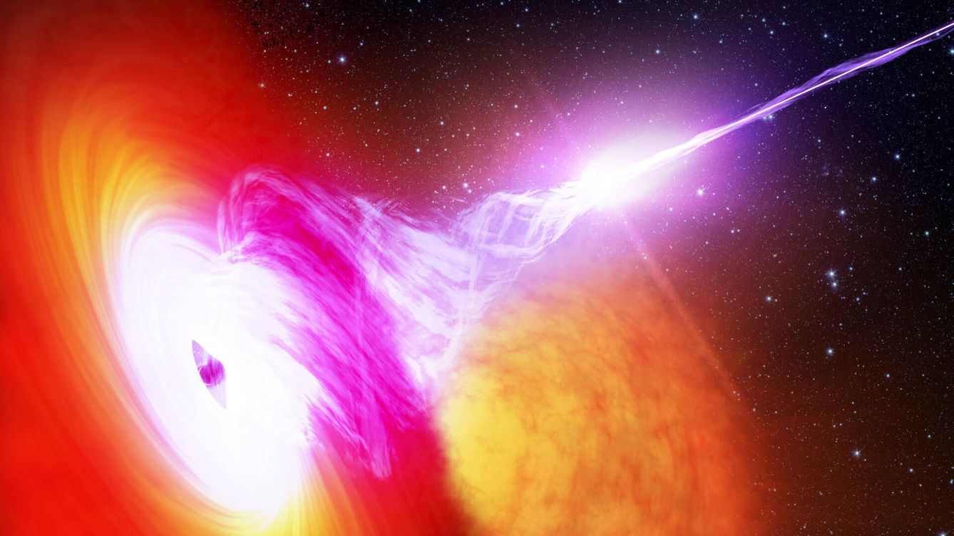 Foto: Ilustración de un chorro de radiación lanzado por un agujero negro. (JPL)