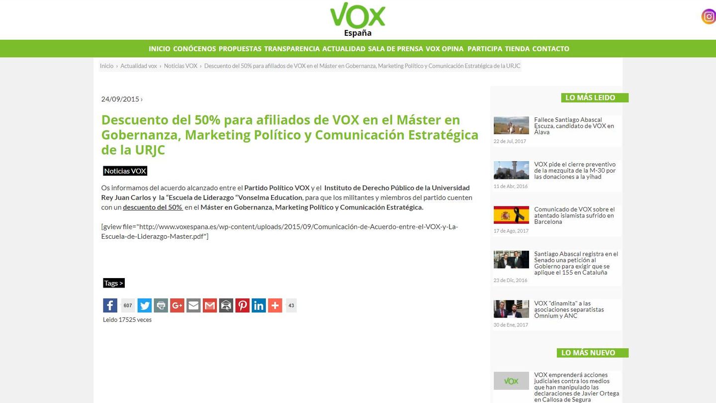 Captura de la web de Vox en la que se anuncia el acuerdo con Vonselma. 