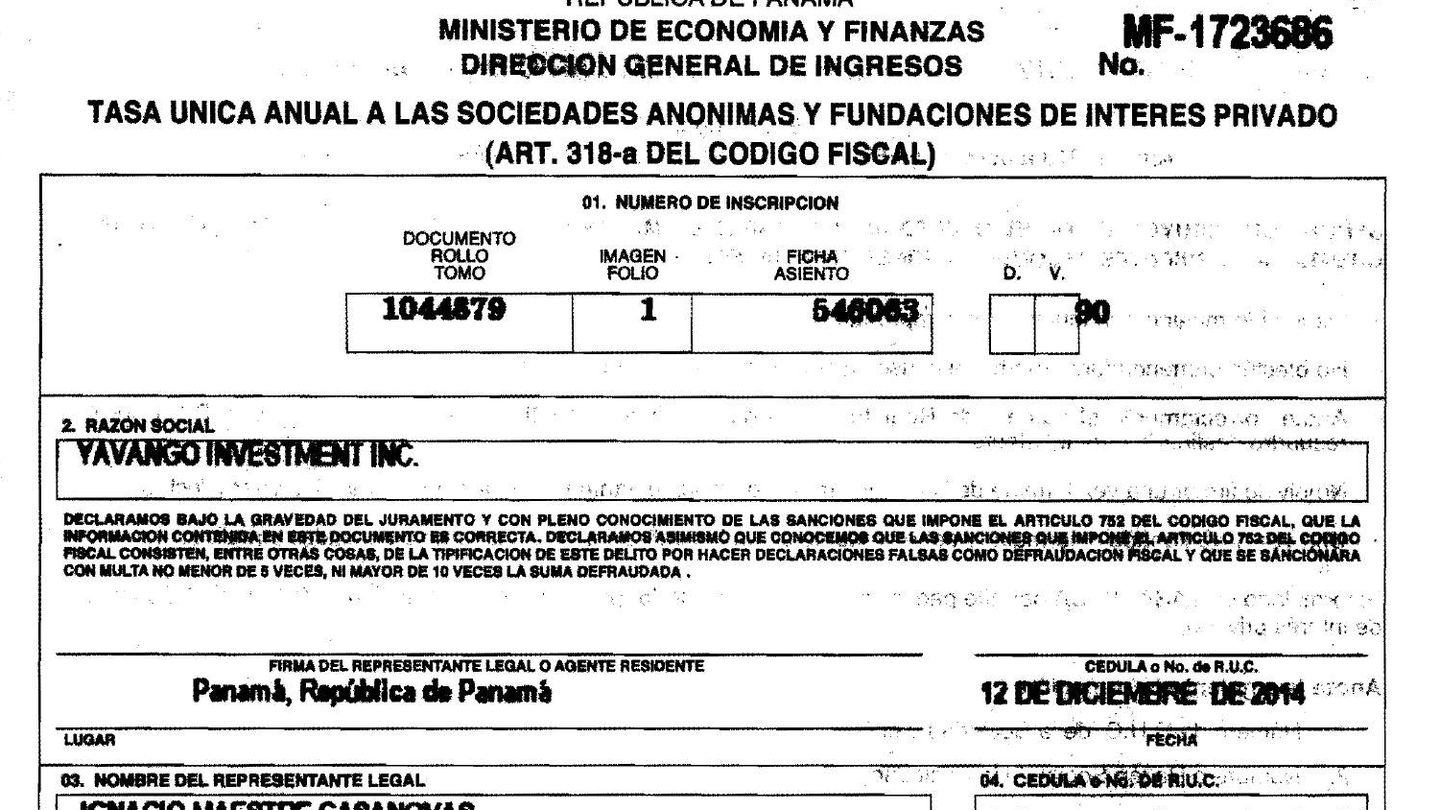 Tasa que paga la empresa Yavango por seguir activa en Panamá, según la documentación de Mossack Fonseca.