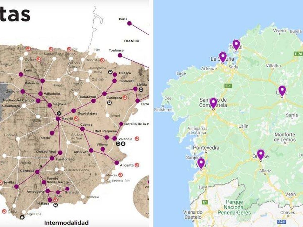 Foto: El mapa de la revista de Renfe sitúa varias ciudades gallegas lejos de su ubicación original