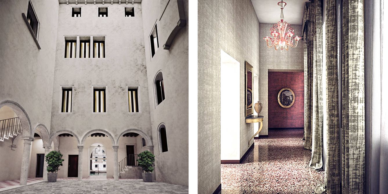A la izquierda, imagen de la arcada y las ventanas en el patio interior del palacio. A la derecha, uno de los lujosos pasillos.