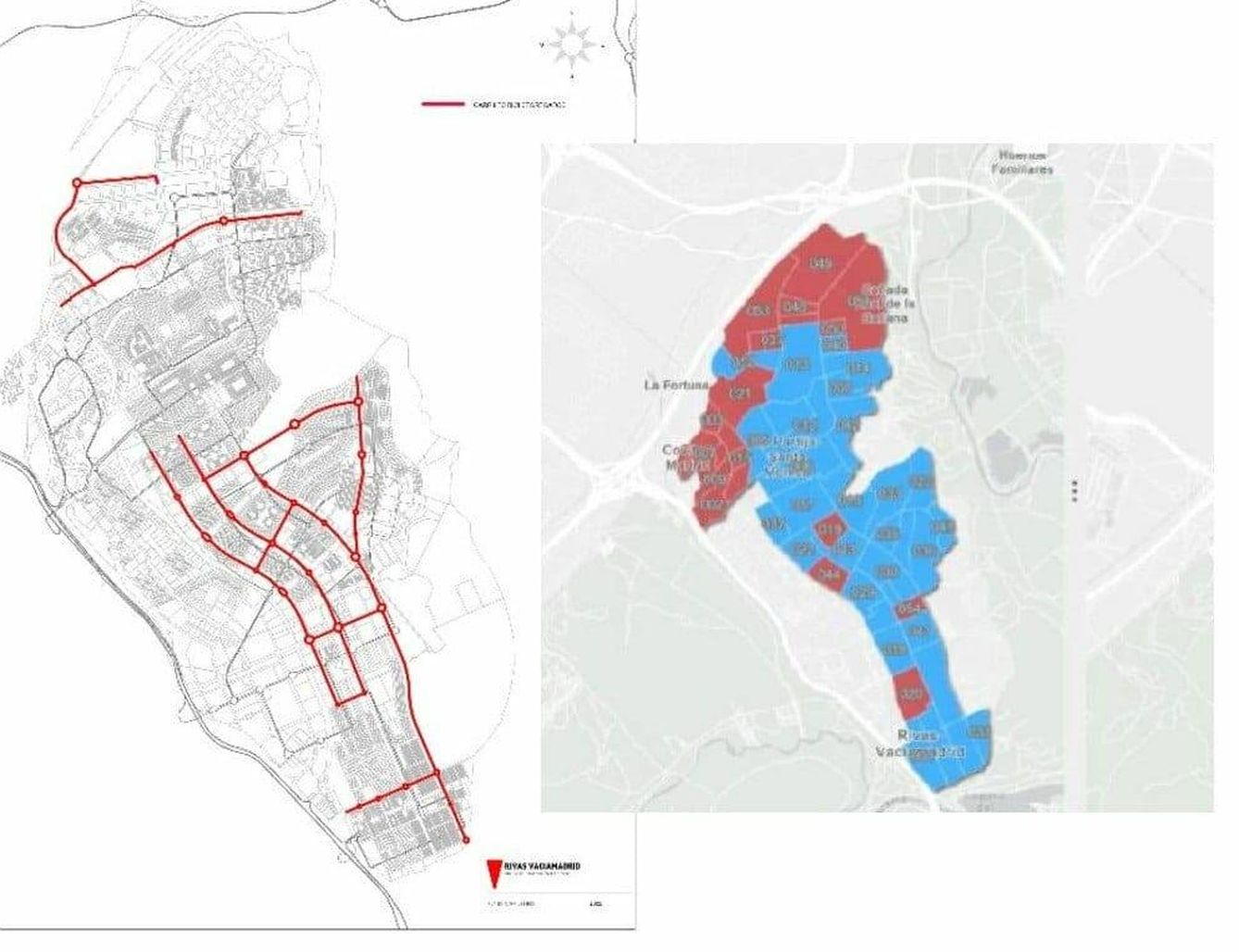 A la izquierda, los nuevos carriles en Rivas; a la derecha, los resultados electorales del PP (azul) e IU (rojo). (Foro por la Movilidad de Rivas)