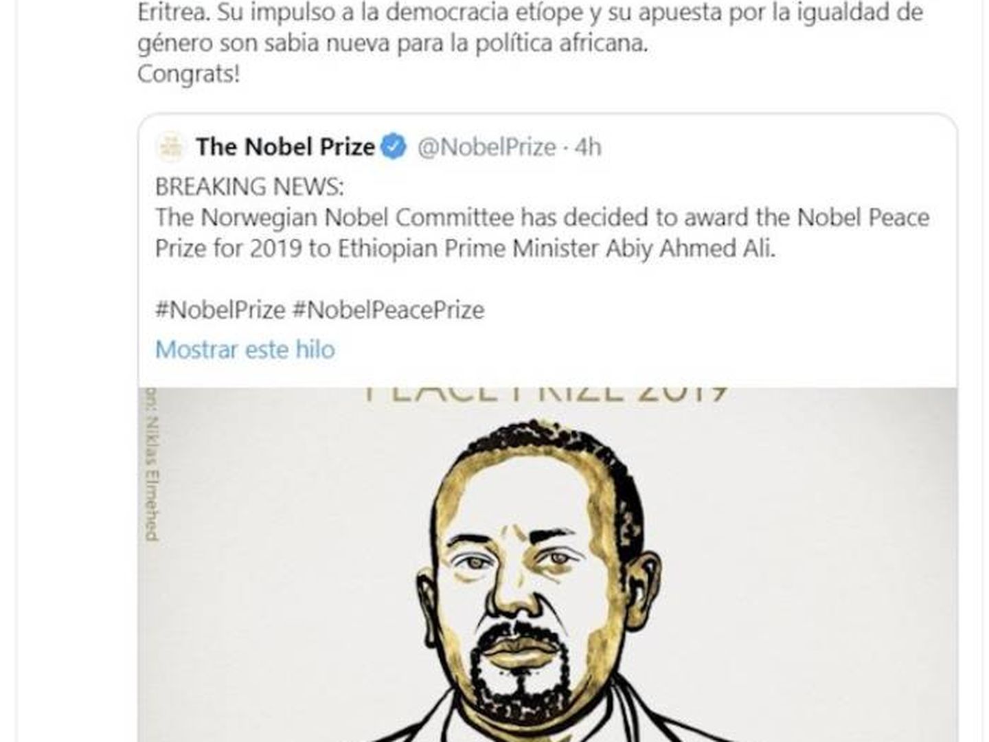Mensaje en Twitter de Pedro Sánchez felicitando al primer ministro etíope.